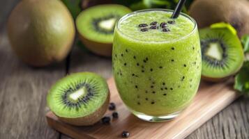 Kiwi smoothie with black straw on wooden table photo