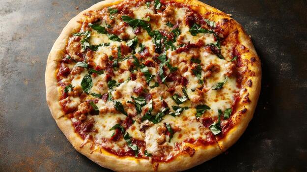 A pizza with cheese and spinach on a table photo