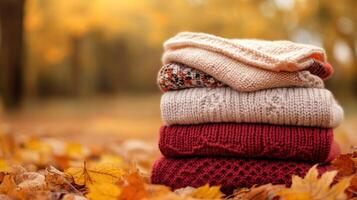 A stack of sweaters on the ground in the fall photo