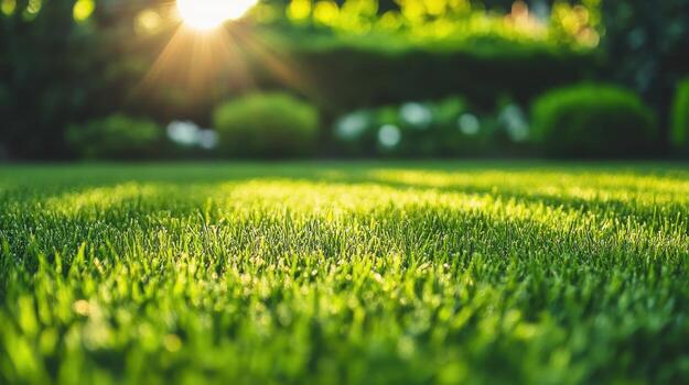 A green lawn with sunlight shining through it photo