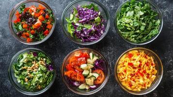 A variety of colorful salad bowls on a black background photo