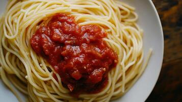 Spaghetti with tomato sauce on a white plate photo