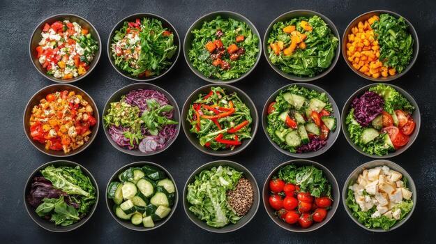 A variety of different salads in bowls photo