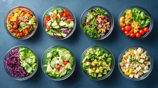 A variety of salads in bowls on a blue background photo