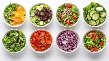 A set of bowls with different types of salad photo