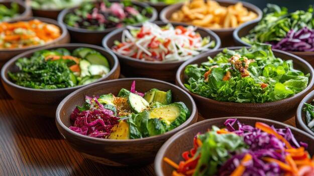 A variety of colorful salads in bowls photo