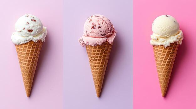Three different ice cream flavors in waffle cones on a pink background photo