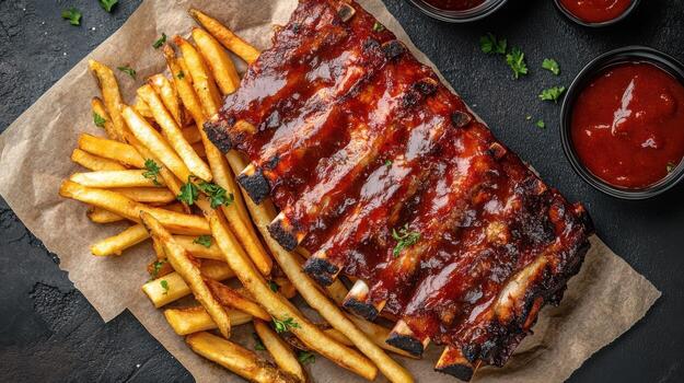 Ribs and fries on a black background photo