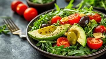 A bowl of salad with tomatoes, avocado, olives and tomatoes photo