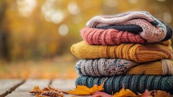 A stack of sweaters on a wooden table photo