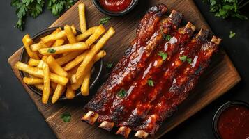 Ribs and fries on a wooden board with ketchup and herbs photo