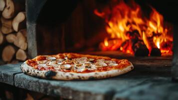 A pizza is sitting on top of a stone oven photo
