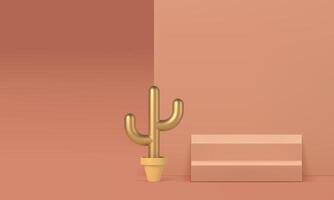 Beige 3d showroom podium stairs with golden cactus for presentation realistic vector