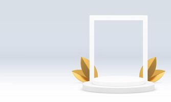 White cylinder 3d podium with rectangle frame wall background for presentation realistic vector