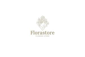 Beautiful botanical woman floral rhombus portrait line art logo design template vector