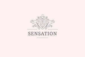 Gentle botanical romantic heart in hands line art logo design template illustration vector