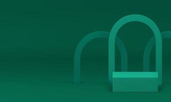 Green 3d geometric podium with curved arch wall background for advertising realistic vector