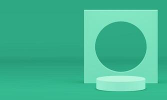 3d green cylinder podium with geometric wall background for presentation realistic vector