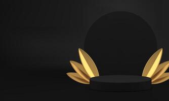 3d black luxury podium showcase with golden leaves for presentation realistic vector