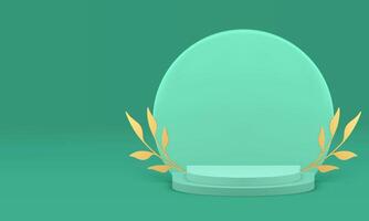 3d green geometric podium pedestal with golden leaves branch for product show realistic vector