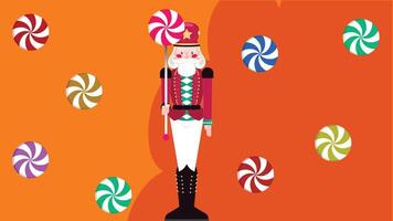 A nutcracker with candy canes around him flat illustration vector