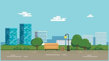 Garden background with bench with city Buildings in background vector