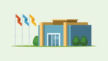 School building with flags and trees decorations isolated illustration vector