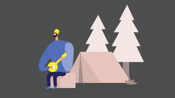 Camp site activity at night in the woods, tent in background vector
