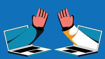 Virtual online team collaboration between 2 laptop devices vector