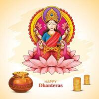 Illustration of happy dhanteras gold coin in pot with maa lakshmi celebration background vector