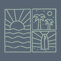 Three part of summer time, waves, surfboard and palm tree illustration for t shirt, sticker and badge vector