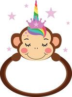 Oval empty frame with funny unicorn monkey face vector