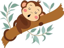 Little monkey sleeping on the tree branch vector
