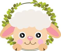 Friendly sheep peeking out of round leaves frame vector