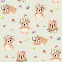 Seamless background pattern of spring teddy bear with flowers vector