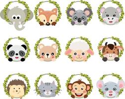 Set digital collage of friendly animal peeking out of round leaves frame vector