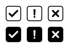 Checkmark, exclamation mark, and cross sign icon on black square vector