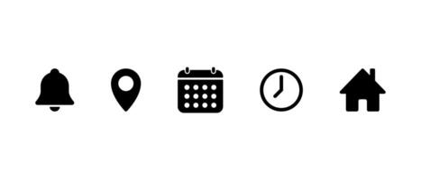 Notification, location, calendar, time, and home icon illustration. Bell, map pin, date, clock, and house sign symbol vector