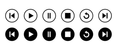 Previous, play, pause, stop, repeat, and next track icon on black circle. Media player control button vector