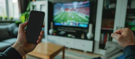 Enthusiastic Fan Watching American Football Game on TV While Holding Smartphone in Modern Living Room photo