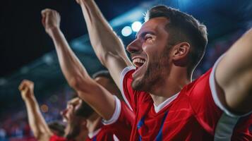 Excited Soccer Fans Cheering in Stadium During Night Match, Celebrating Victory with Joyful Expressions and Team Spirit photo