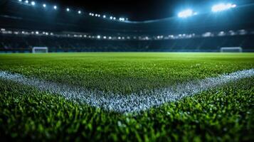 Illuminated Soccer Field at Night with Bright Stadium Lights and Lush Green Grass photo