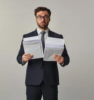 Businessman in Suit Holding Stacks of Papers with Surprised Expression on Isolated Background photo