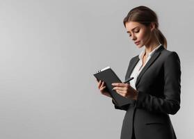 Professional Businesswoman in Suit Writing in Notebook on Isolated Gray Background photo