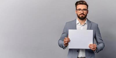 Businessman Holding Blank Sign on Isolated Background for Advertisement or Message Customization photo
