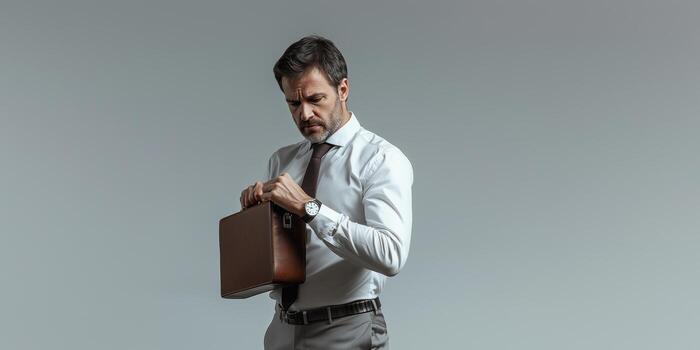 Businessman in Formal Attire Holding Briefcase on Isolated Gray Background photo