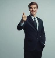 Confident Businessman in Black Suit Giving Thumbs Up on Isolated Background for Professional and Corporate Use photo