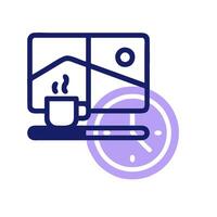 A computer with a clock and a cup of coffee vector