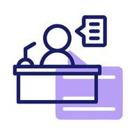 A person sitting at a desk with a microphone and a speech bubble vector