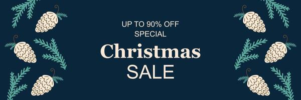 Horizontal banner Christmas sale. Frame with pine cones on the edges. dark background. Christmas and New Year. illustration. vector